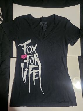 Fox Black V-Neck Tee with White Script and Pink Fox Logo